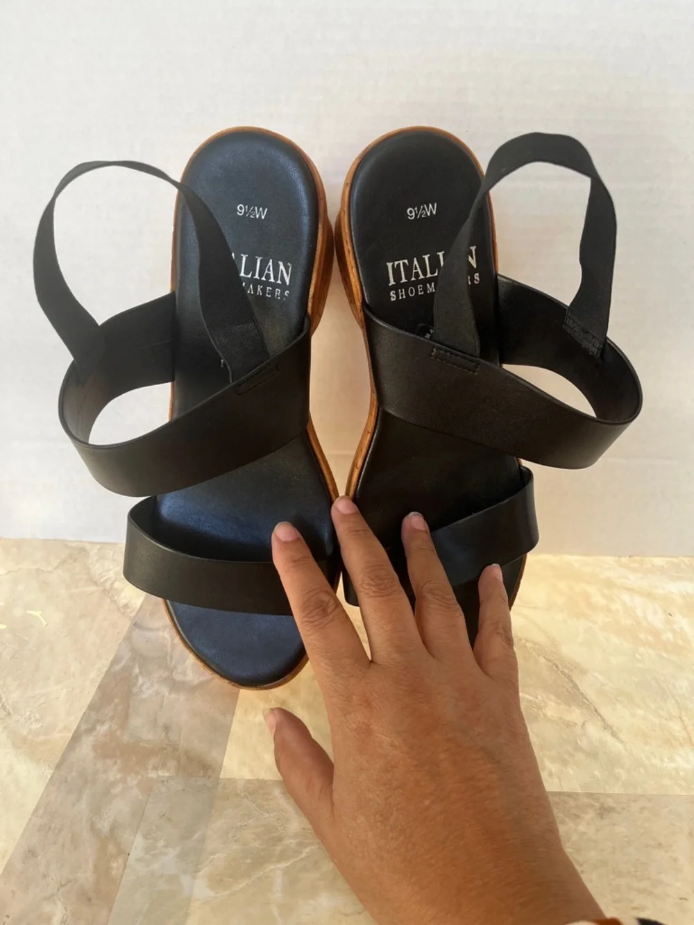 Italian Shoemakers Black Leather-Strap Cork Wedge Sandals - Picture 7 of 12